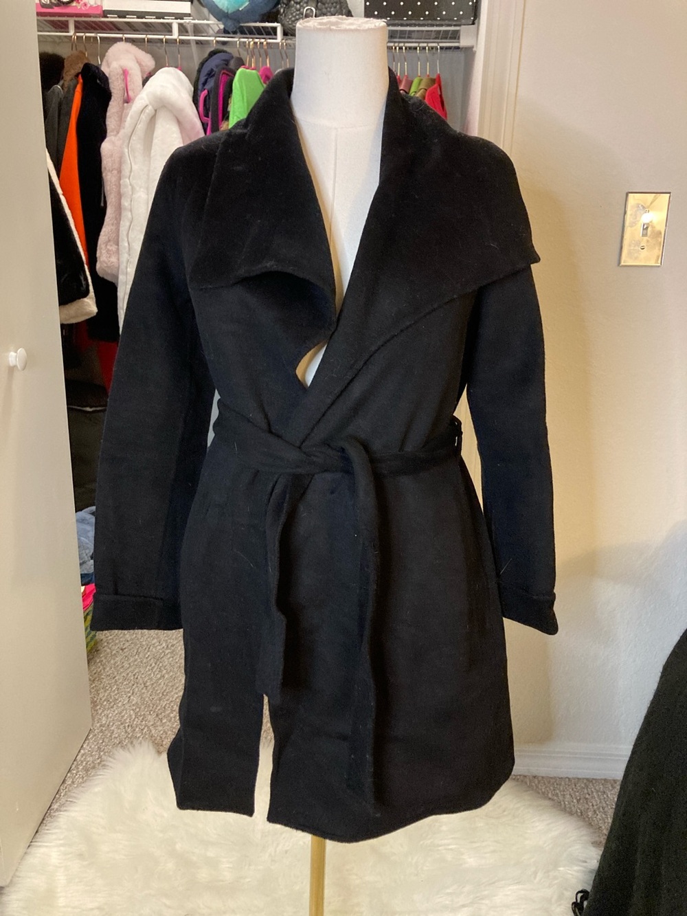 Tahari Black Wrap Trench Coat with Self Tie Belt